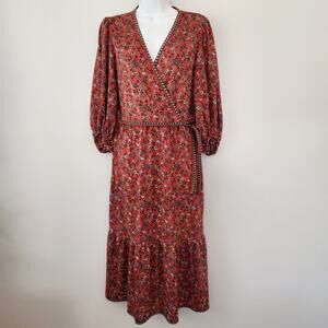 Max Studio Dress Womens M Red Floral Midi Peasant Romantic Boho Cottagecore Chic